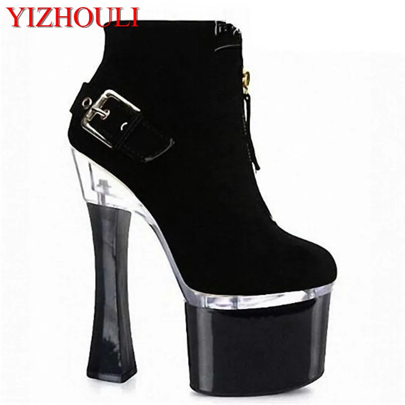 Glass heel high heels, front zipper decorative suede, 18cm high heel thick heel, low Dance Shoes