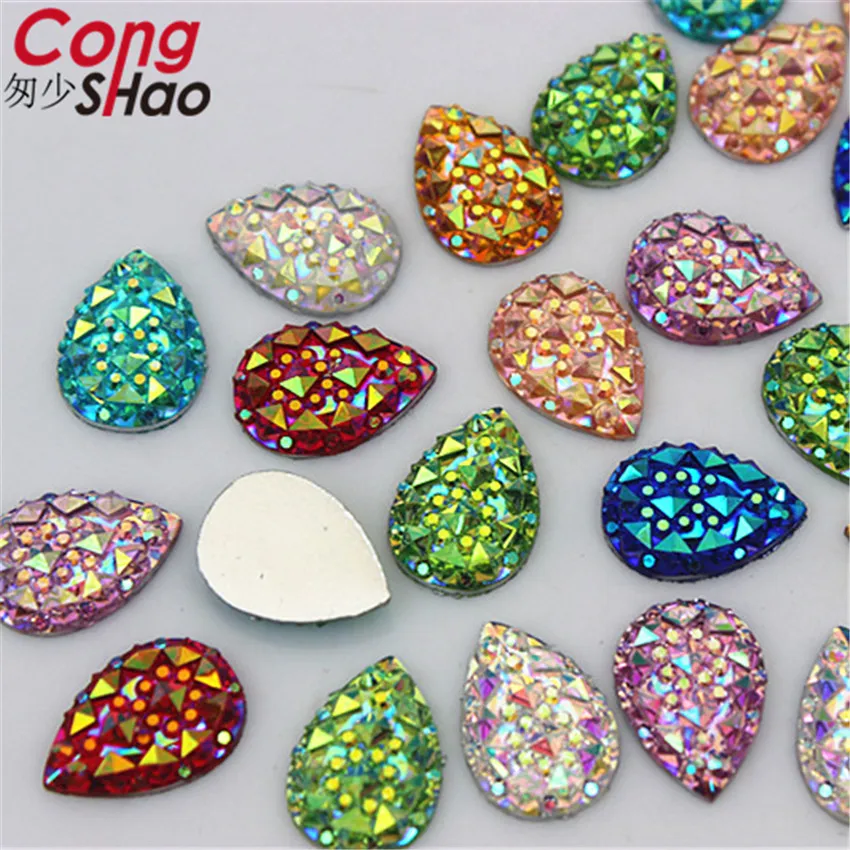 Cong Shao 100pcs 10*14/13*18mm AB Color Drop Stone And Crystals Flatback Resin Rhinestone Trim Wedding Dress Button Crafts YB31