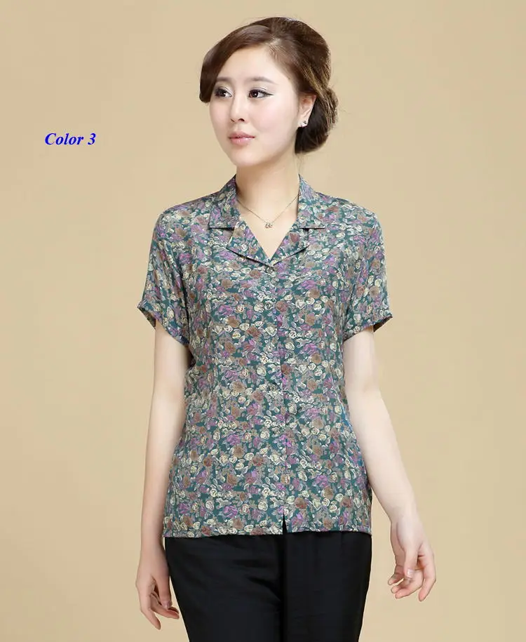 Pure silk notched collar button lady shirt,100% silk crepe-de-chine suit-collar short sleeve print blouse women,with gift mask