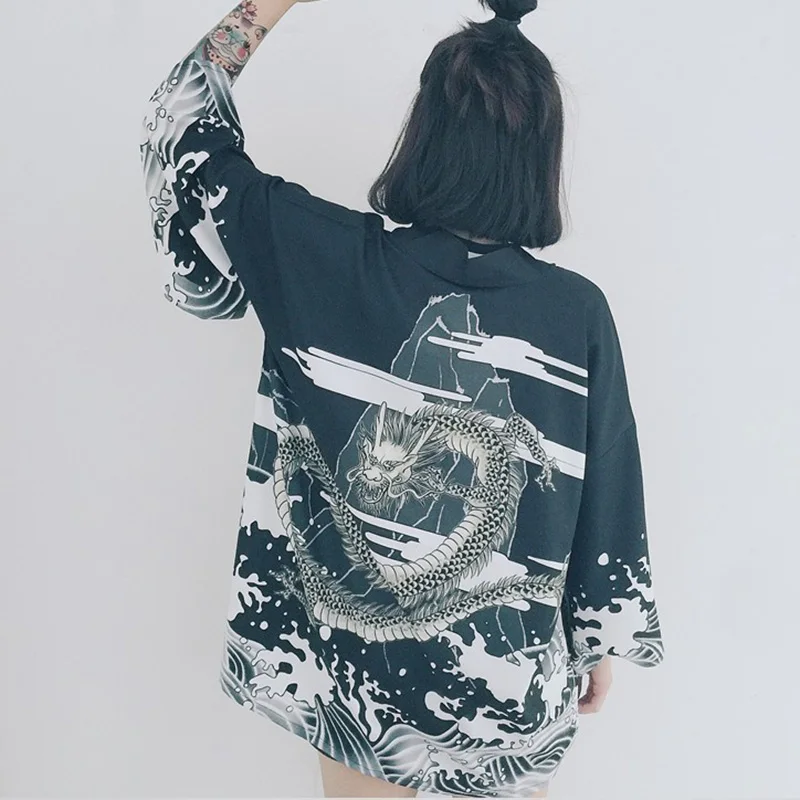 Summer Spring Japan Style Print Vintage Harajuku Blouse Dragon Shirts Japanese Batwing Sleeve Kimono