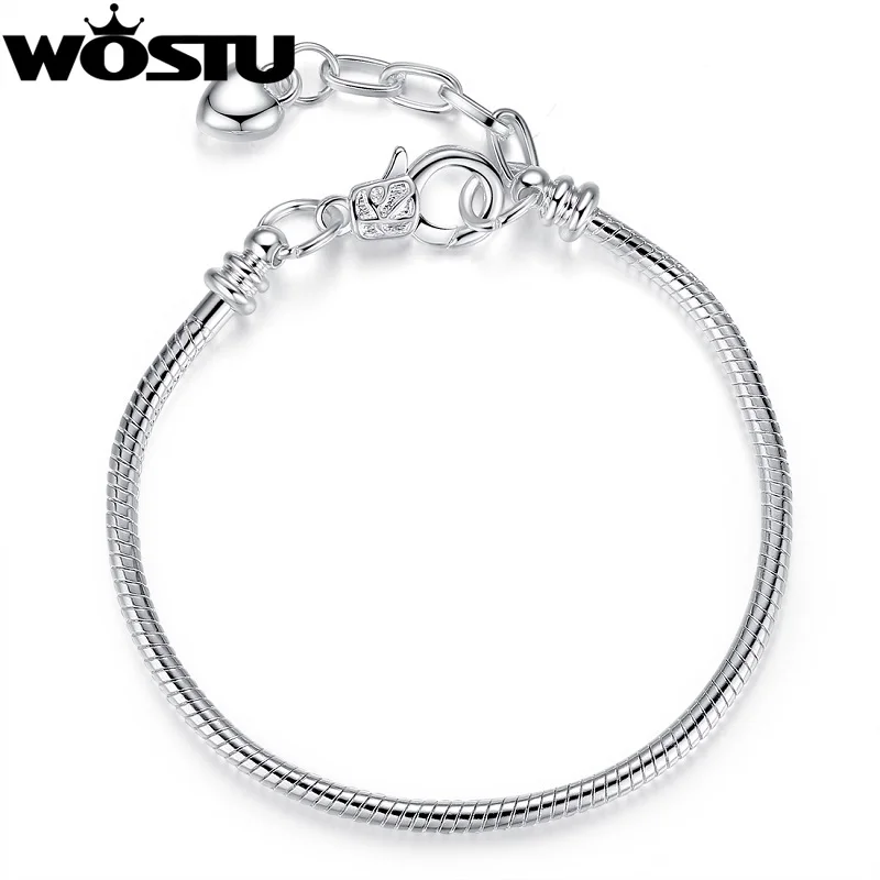 WOSTU High Quality Snake Chain Bracelet Jewelry for Women With Heart Lobster Clasp Fit Beads Charm Bracelet XCH9002