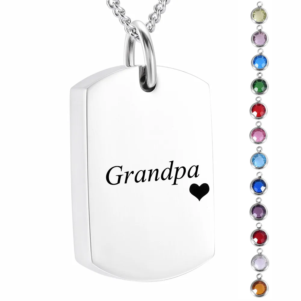 Grandpa Carved Dog Tag Birthstone Cremation Urn Necklace Pendant for Human Ashes Holder Stainless Steel Memorial Keepsake