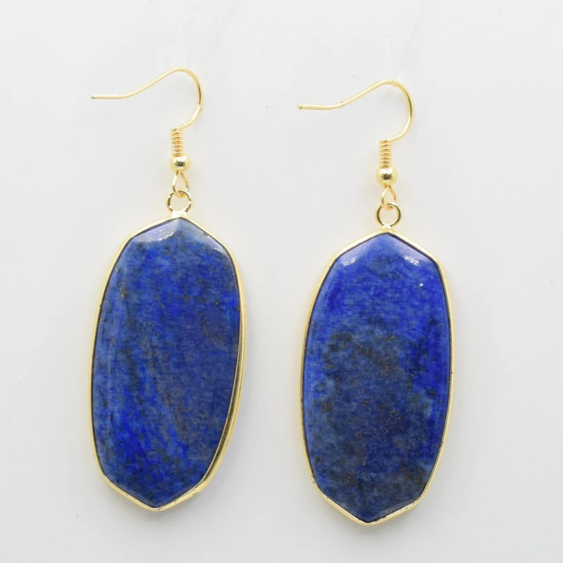 Oval Natural Stone Dangle Earrings Yellow Gold Color Hook Crystal Tiger Eye Black Onyx Lapis Women Female Eardrop Luxury Jewelry