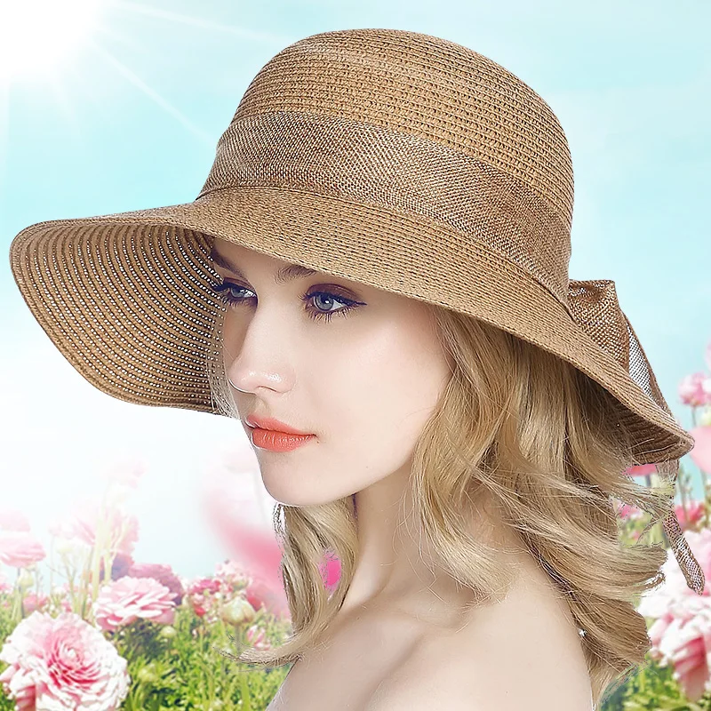 

15CM Lady New Sun Hat Adult Sunscreen Straw Cap Female Summer Outside Folding Vacation Cap Students Travel Cap Wide Brim B-7978