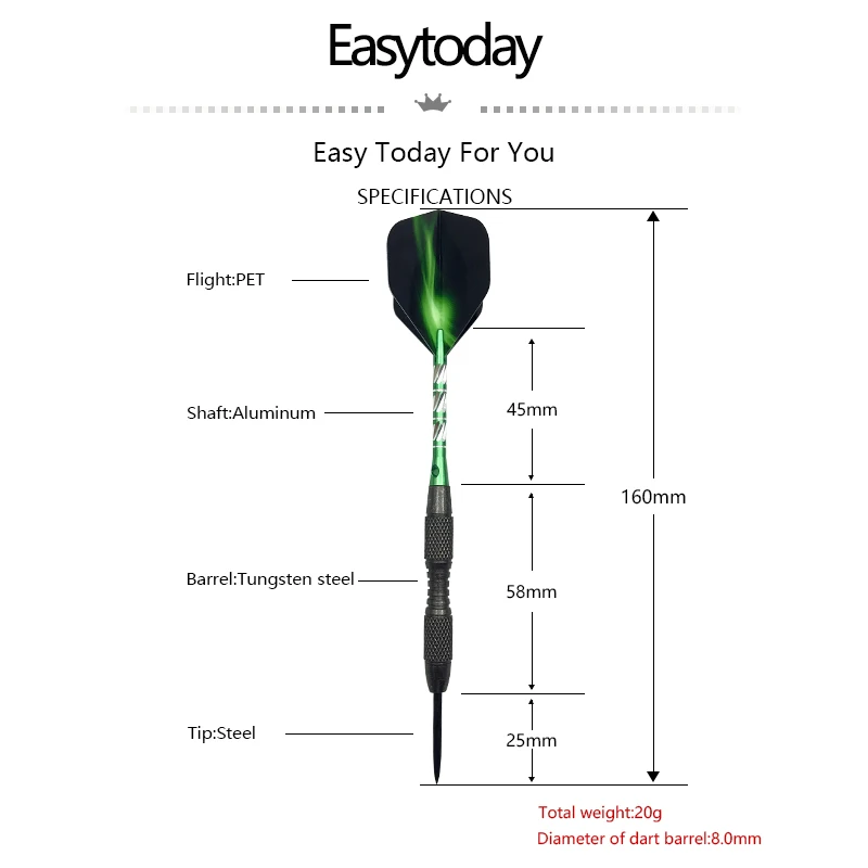 Easytoday 3Pcs/set Standard Steel Tip Darts Professional Hard Type Tungsten Darts Set Aluminum Green Shafts Darts Flights Games