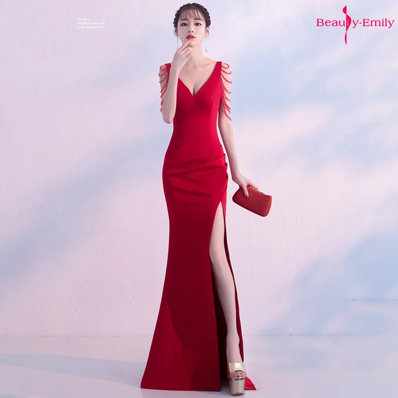 ความงาม Emily 2019 ใหม่ V คอชุดราตรียาวแขนกุด Mermaid PARTY 7 สีเซ็กซี่ Robe de Soiree