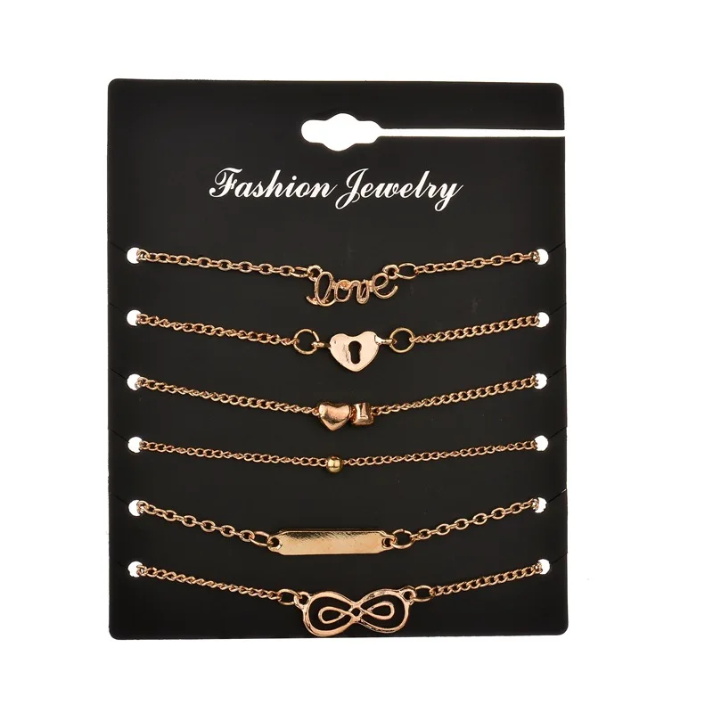 6pcs/lot Summer Jewelry Boho Heart Sequins Anklets Set For Women Bohemian Anklet Bracelets Set Fashion Beach Foot Party Jewelry
