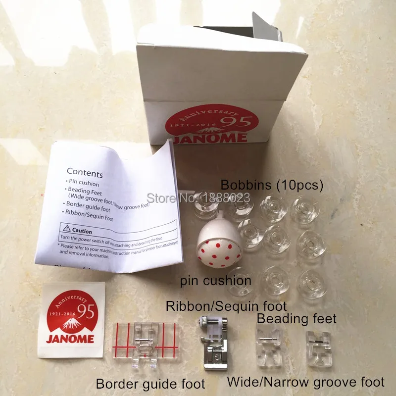 Janome 재봉틀 노루발, 구슬 발, 테두리 가이드 발, 리본/스팽글 발, 핀 쿠션, 보빈, 대만 제