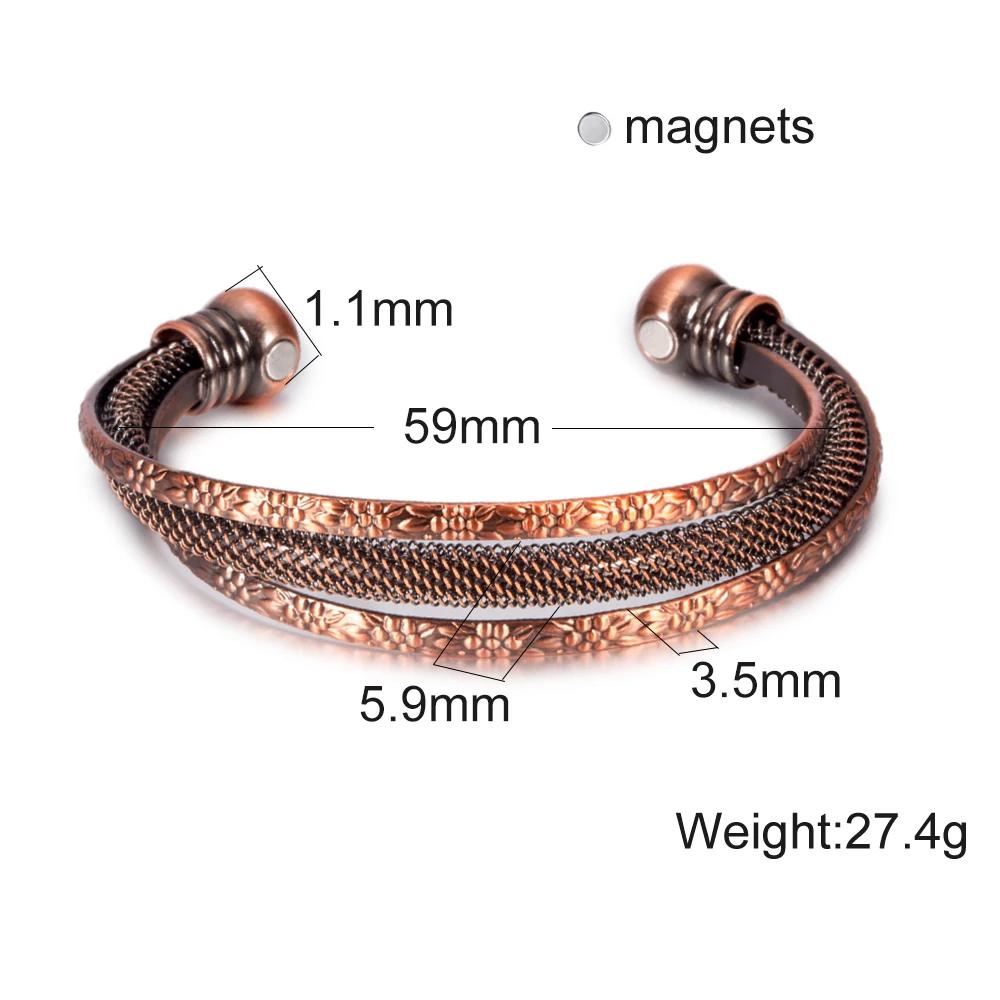 Twisted Pure Copper Bracelet Magnetic Vintage Flowers Health Energy Bangles Benefits Adjustable Open Cuff Jewelry for Men Women