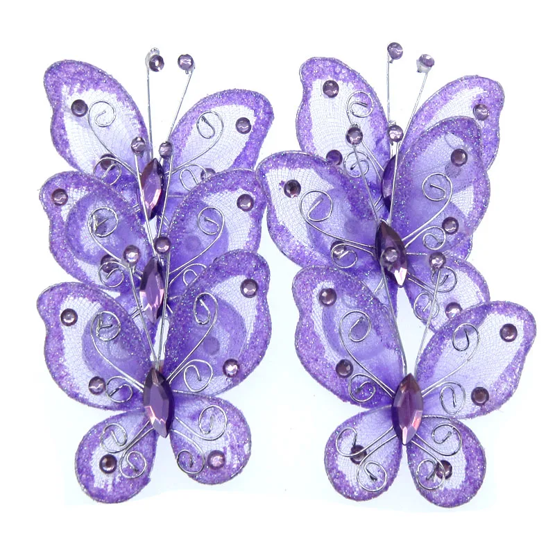 10pcs Purple mesh wire butterflies glitter rhinestone butterfly charm for wedding craft Party DIY Decorations 5.2 x 5.6cm