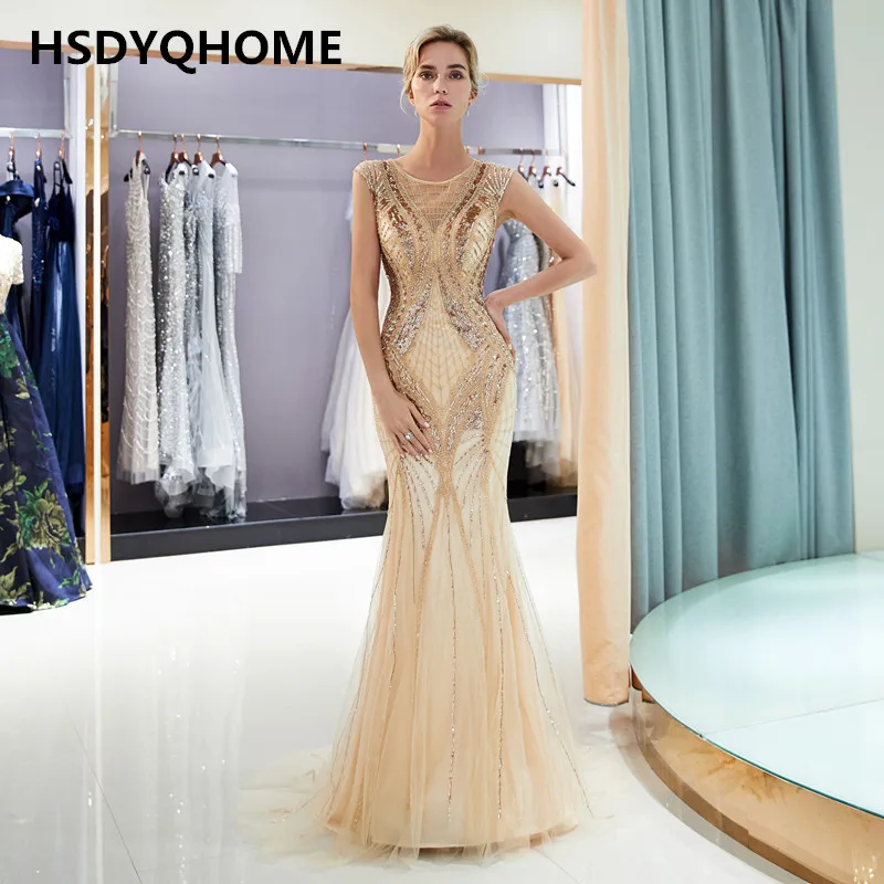 High Quality mermaid Evening dresses crystal stones long dress evening prom sweep train gown