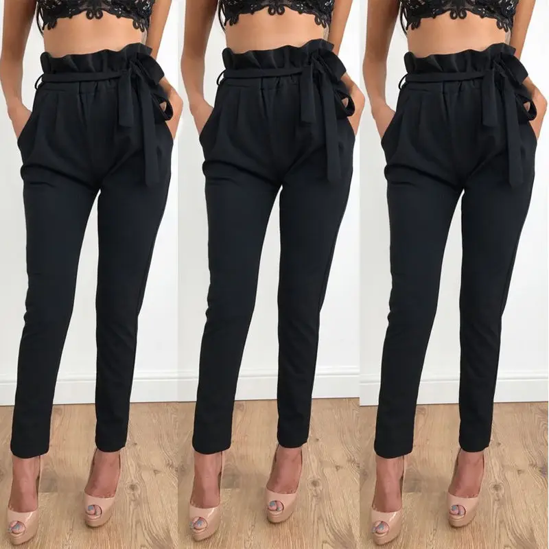 New Women High Waist Slim Skinny Leggings Stretchy Bow Belt Drawstring Pants Jeggings Pencil Trousers