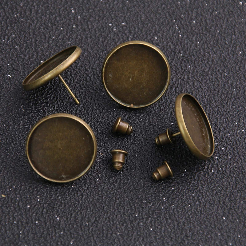 20pcs 10/12/14/16/18mm Vintage Adjustable Stud Earrings Bases+Ear cap Blanks Antique Bronze Cabochon Stud Earrings