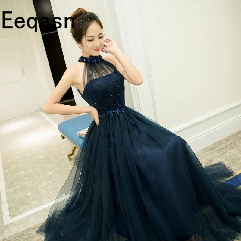 New Elegant Navy Blue Arabic Evening Dress Halter A-line Soft Tulle Off the Shoulder Party Gown Black Abendkleider