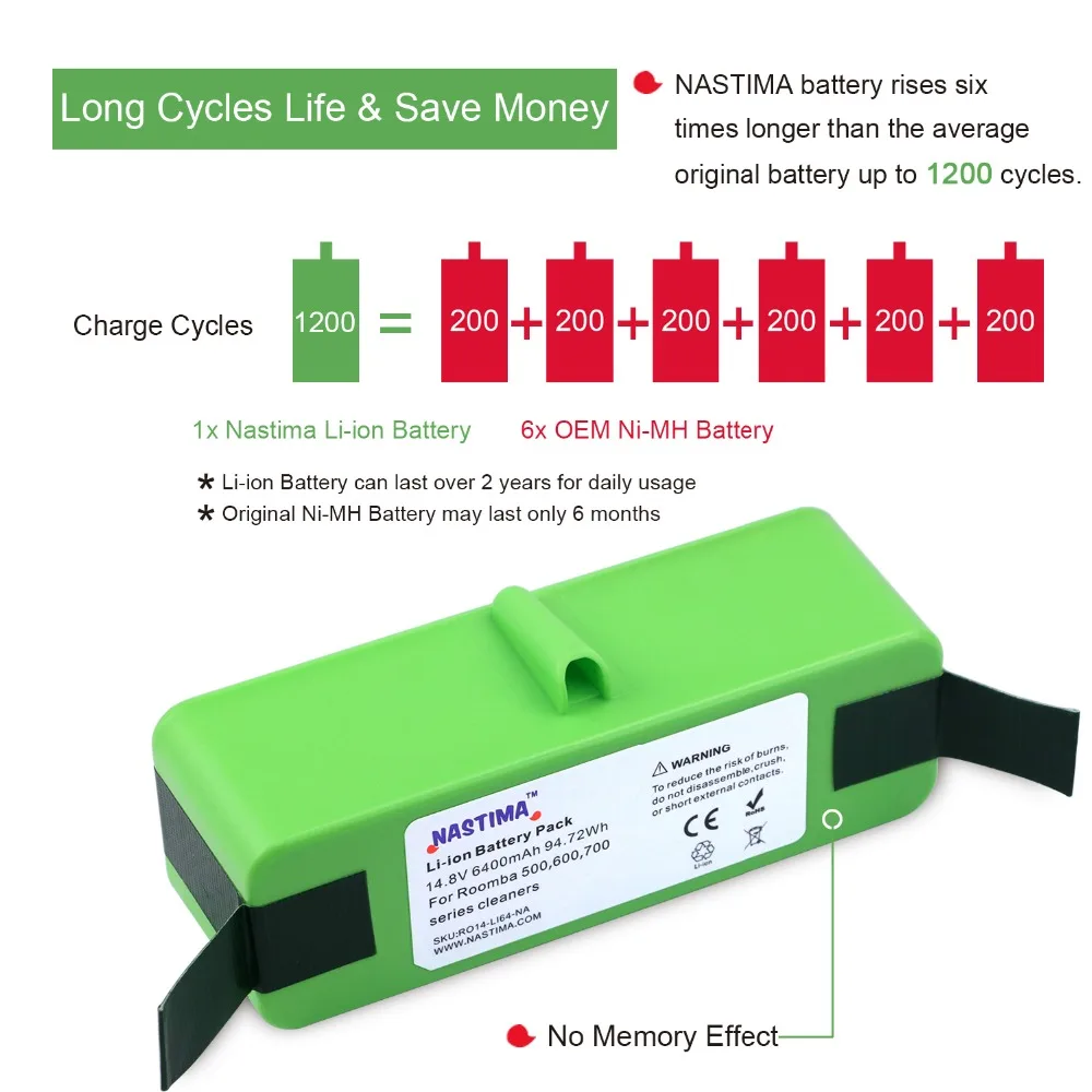 Akumulator litowy NASTIMA 14,8 V 6400 mAh/4400 mAh do iRobot Roomba 500 600 700 800 Series 560 620 650 700 770 780 880