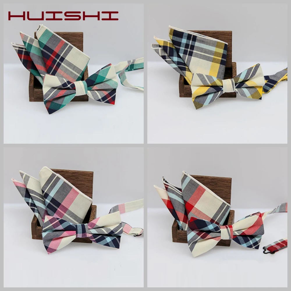 

HUISHI Cotton Plaid Bow Tie Handkerchief Mens Wedding Bowtie Set Check Solid Casual Men's Fashion Bowties Pocket Square For Gift