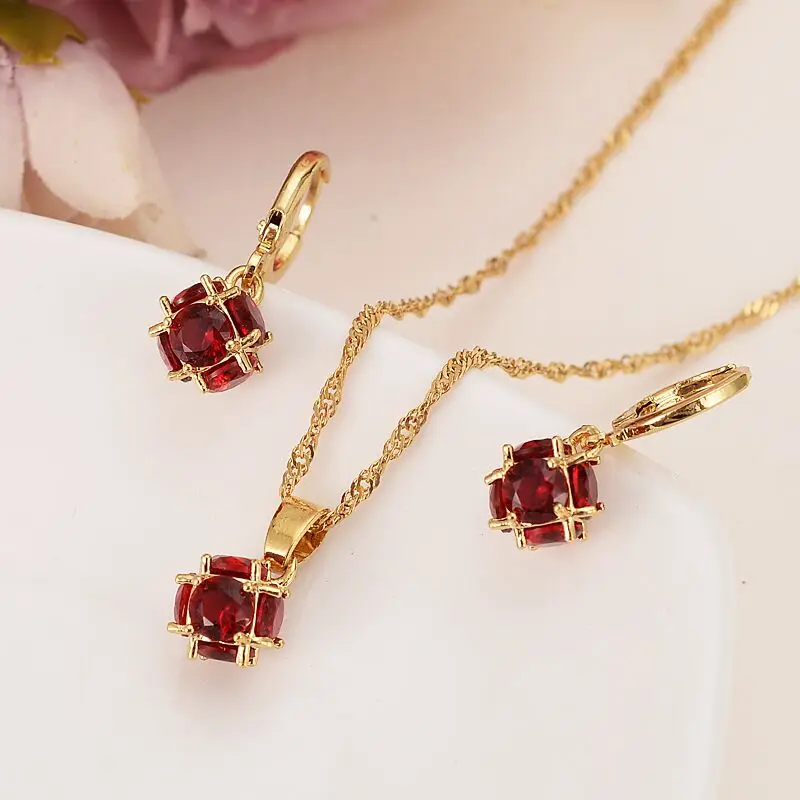 

Queen New Red color Zircon Bridal Wedding Jewelry Sets with 14 k fine gold Filled Necklaces Pendant Earring Set Women girls