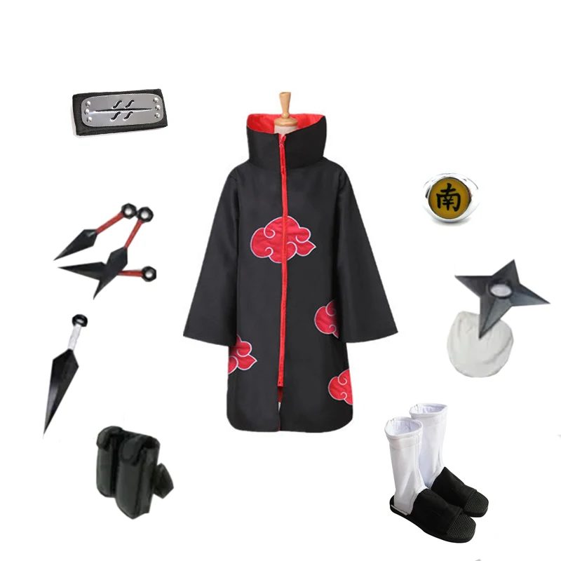 Brdwn Akatsuki Hoshellogaki Kisame Ninja Cosplay costume (red cloud cloak+headband+shoes+Accessories)