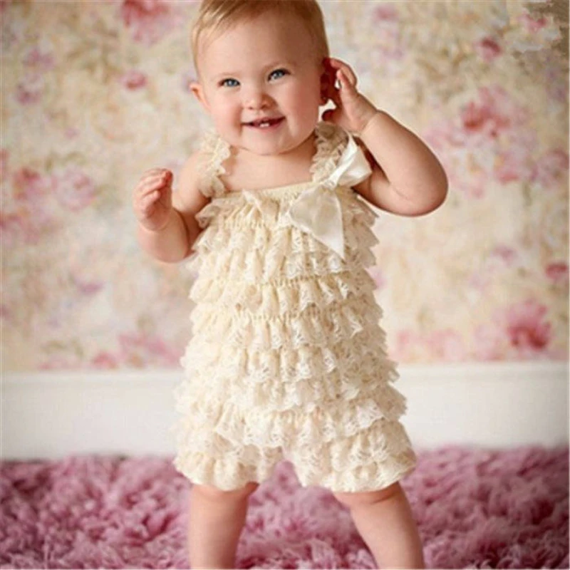 Baby Lace Rompers Infant Lace Romper with Straps Ribbon Bow Kids Jumpsuit Baby Girls Lace Ruffled Petti Romper DS9