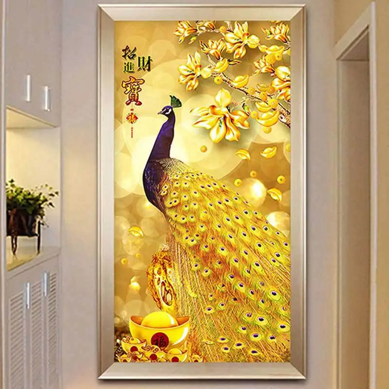 

Diamond Embroidery Mosaic Painting Cross Stitch Special Shaped Full Golden Peacock Entrance Vertical Version DIY 5D Decoration