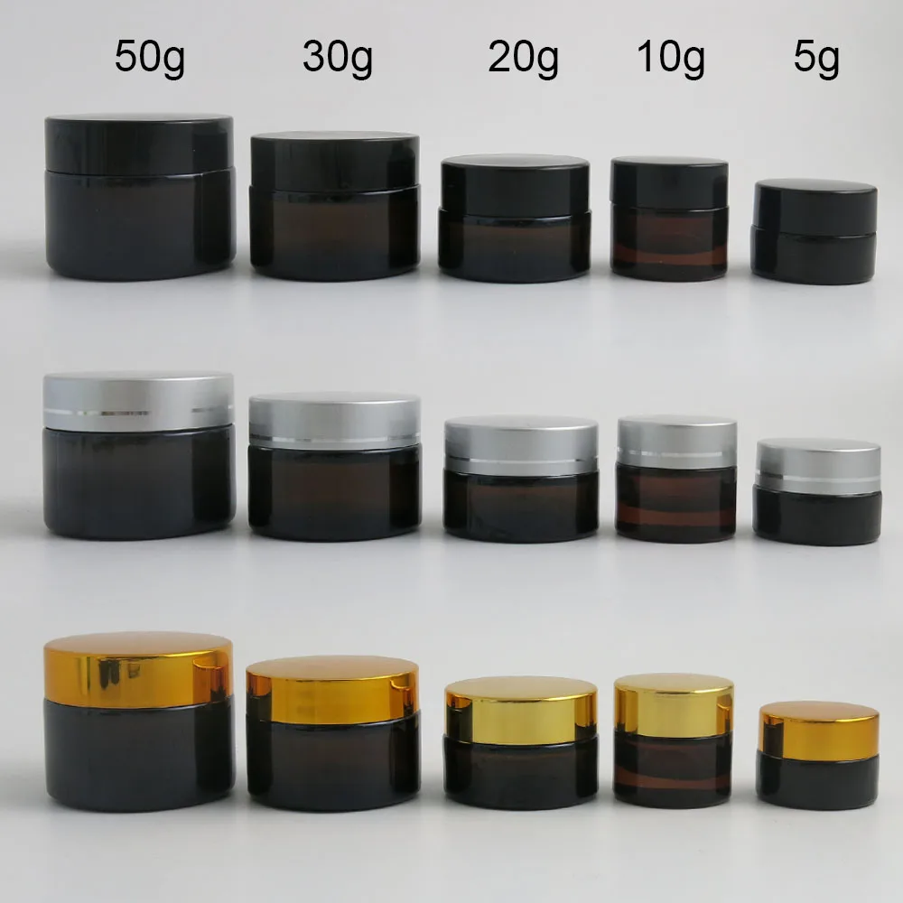 12 x 5g 10g 20g 30g 50g Empty Amber Glass Cream  Brown Glass Cosmetic Container with white Seal Black Silver Gold  Lids