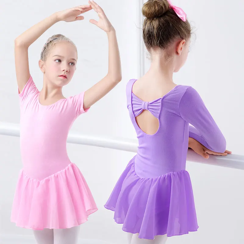 Vestido de manga curta para meninas, collant de ginástica infantil, saias de chiffon, dancewear bowknot, dança