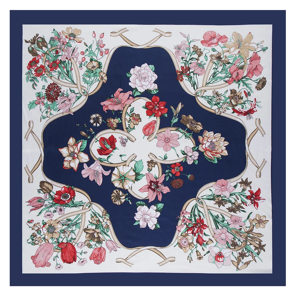 

Luxury Brand 100% Twill Silk Scarf For Ladies Floral Square Scarf 2023 New Design Winter Kerchief Woman Shawl Neck Wraps Echarpe