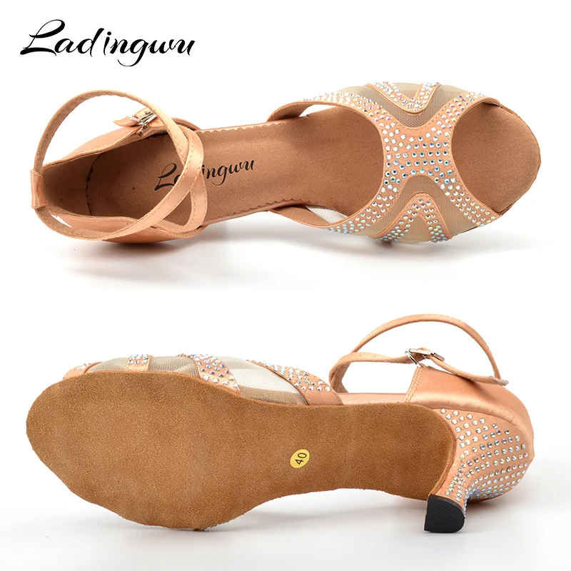 Ladingwu New Breathable mesh Latin Dance Shoes Woman Satin Apricot  Collocation Rhinestone Ballroom Dance Shoes Sandals