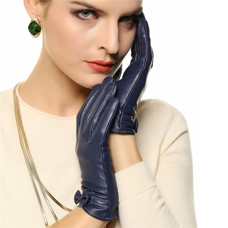 Women's Genuine Leather Gloves Female Wrist Bowknot Sheepskin Gloves Spring Autumn Thin Velvet Mittens L101PQ-1