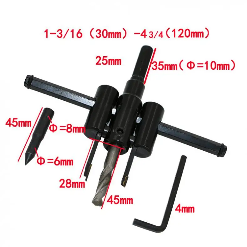 30-200mm Mini Adjustable Aircraft-type Wood Circle Hole Saw Cutter Tool Kit Cordless Drill Bit for Woodworking