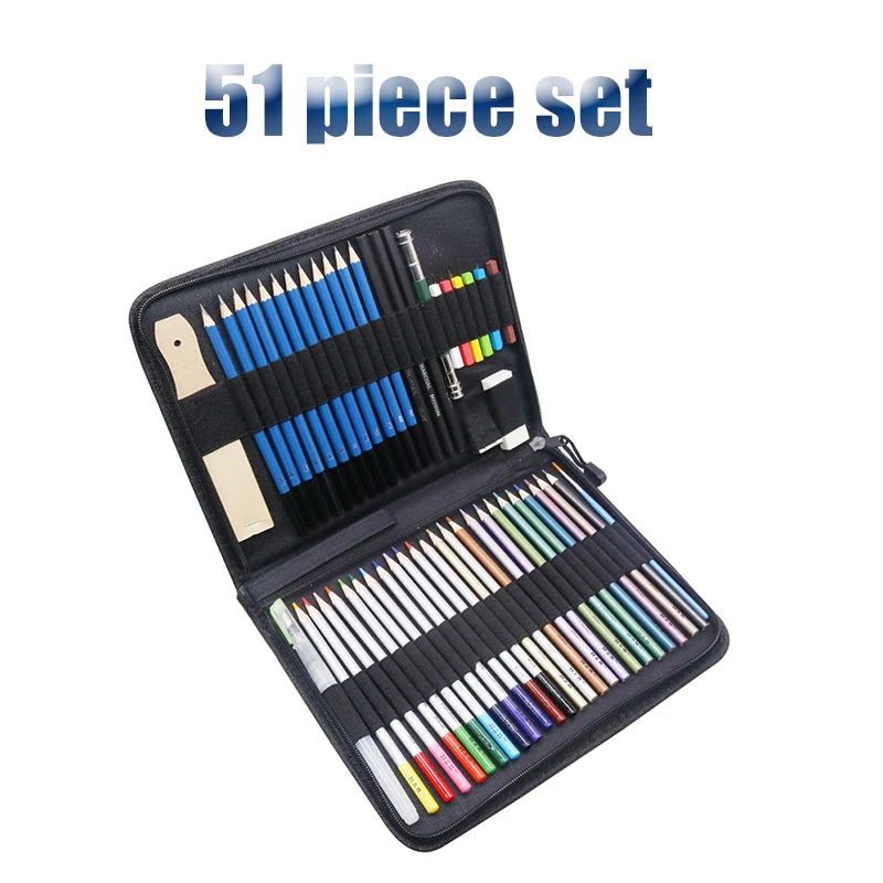 51 Piece set Sketch Pencil Professional Sketching Drawing Kit Set Wood Pencil Bags Painter School Students Art Supplies