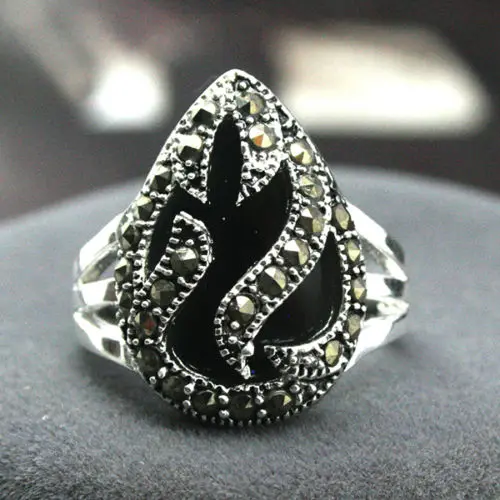 

11*14mm NEW INLAY BLACK Natural jade GEMS MARCASITE 925 STERLING SILVER RING SIZE 7/8/9/10