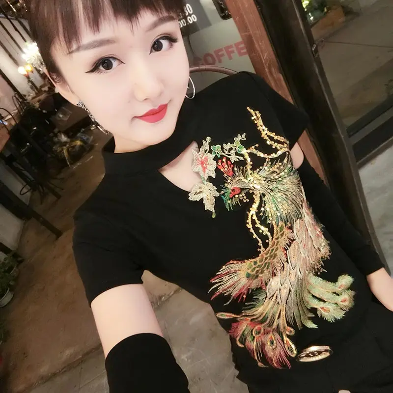 black sexy warm embroidery Phoenix T-shirt women short sleeved  autumn winter bottoming tops