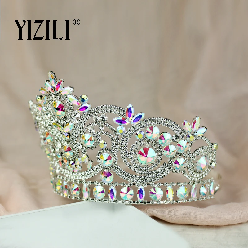 YIZILI New European Big Bride Wedding Crow AB Full Diamond Crystal Large Round Queen Crown Wedding Hair Accessories paty C060