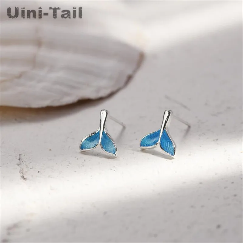 Uini-Tail 2024 new listing 925 Tibetan silver Korea simple dream blue mermaid fishtail ear studs cute mini high quality ED025