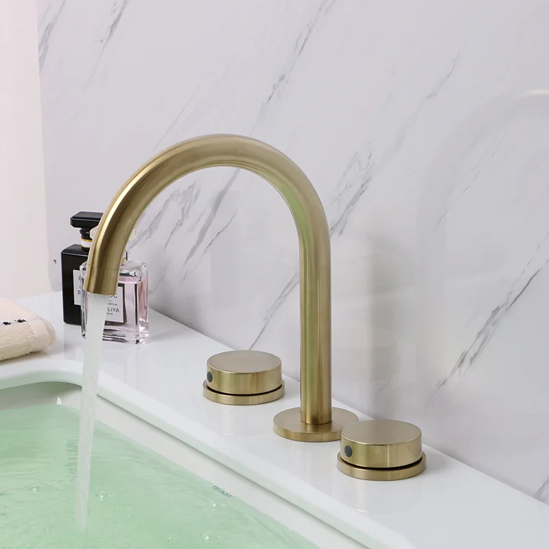 Brushed gold Black plated brass bathroom sink faucet Basin Cold Hot water faucet,top quality  three holes two handles