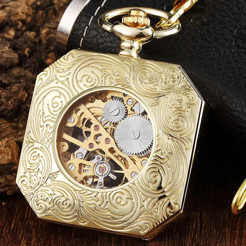 Luxury Gold Mechanical Pocket Watch Vintage Skeleton Golden Male Clock Hand Wind Square Necklace Watch Chain For Men Women Gift