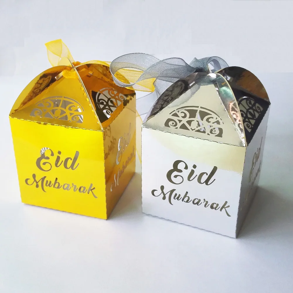 50 Pieces 5*5*8cm Mirror Gold Silver 3omra Moubaraka Omra Moubarek Umrah Mubarak Candy Box For Eid Mubarak Party Decoration