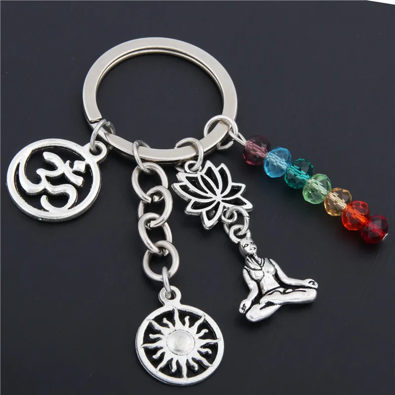 1pc Rainbow Symbol Keyring Silver Color Keychain Yoga Chakra Key Chains Sun Charms Lotus Ohm Jewelry E1652