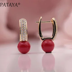 PATAYA New Arrivals 585 Rose Gold Color Turkish Blue Shell Pearls Natural Zircon Dangle Earrings Women Wedding Luxury Jewelry