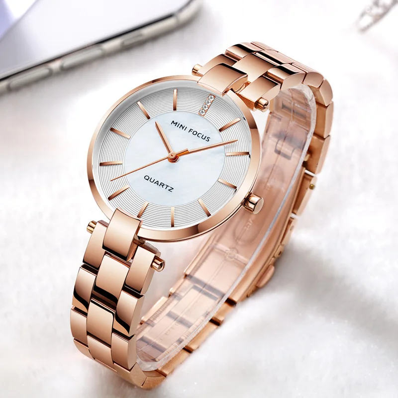 MINI FOCUS Women\'s Rose Gold Wrist Watches Simple Stainless Steel Bracelet Waterproof Dress Quartz Watch for Lady Woman 0224Rose