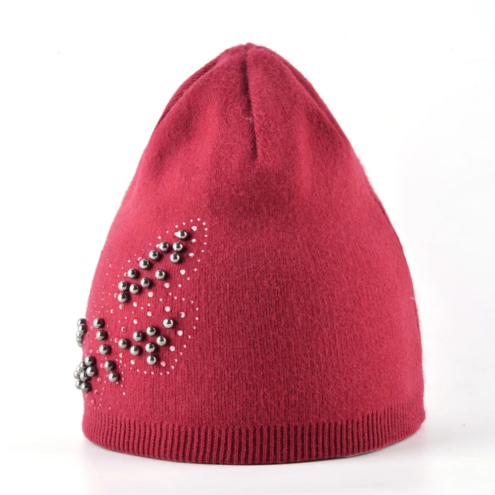 Ladies Knitted Bonnet Beanies Cap Women Pearls Butterfly Rhinestone Rabbit Wool Hat For Girls Autumn And Winter Female Skullies