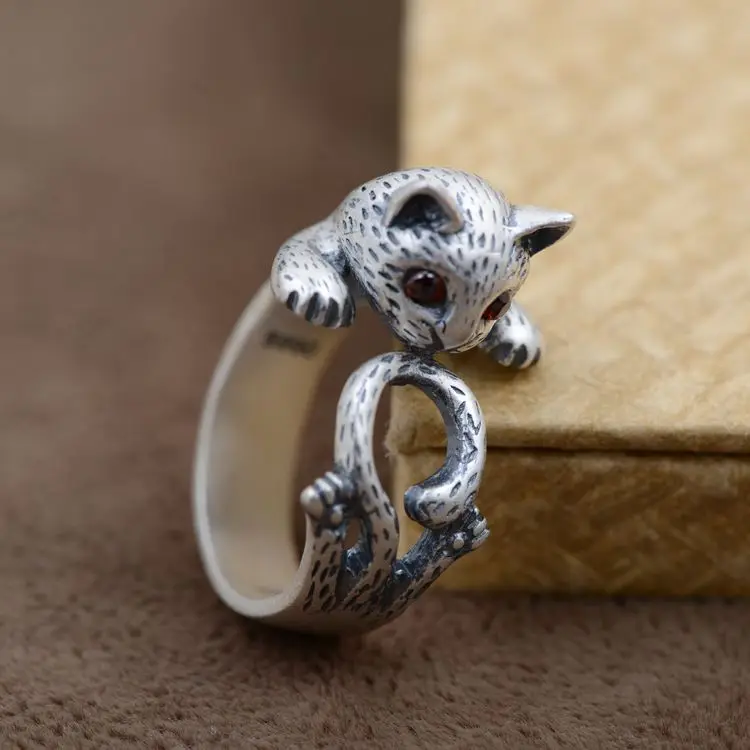 S999 Sterling Silver RingZuyin wholesale matte antique crafts jewelry Adorable cute female kitten