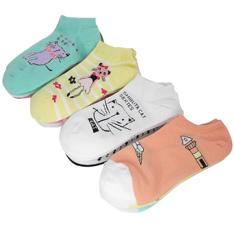 

5 Pairs 2021 New Women Socks Spring Summer Cotton Cute Cartoon Socks For Women 4Class Style Short Boat Socks