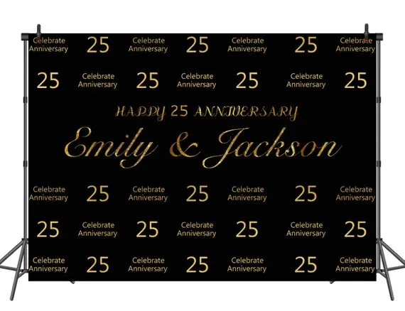 

Custom gold Happy Anniversary black photography backgrounds High quality Computer print wedding backdrops