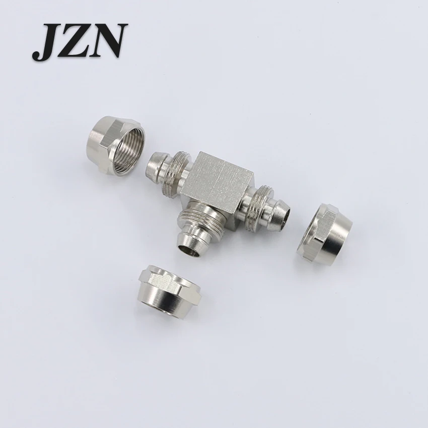 5 PCS Pneumatic pipe quick-tight joints T-type three-way lock nut lock high-pressure copper nickel plated 4/6/8/10/12mm