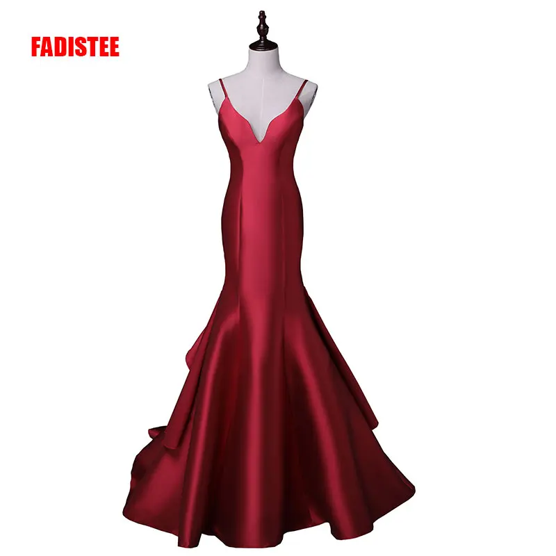 New arrival sexy  evening party Dresses satin long gown Vestido de Festa spaghetti V-neck sweep train  dress