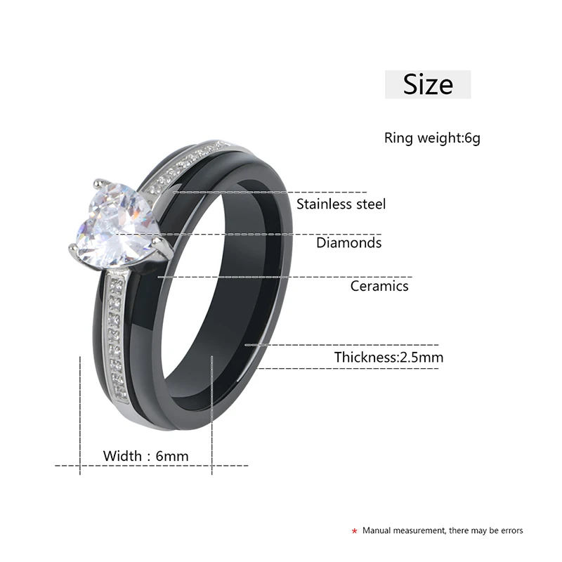 Fashion Ceramic Crystal Heart Shaped Wedding Rings Women\'s Zircon Engagement Rings Glamour Jewelry Top Quality