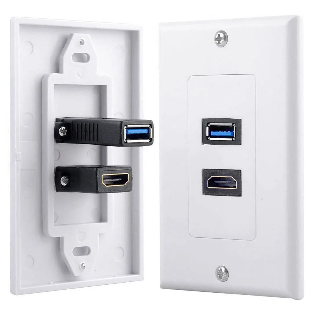 SHGO-1x 2Port HDMI+USB 3.0 Female Wall Face Plate Panel Outlet Socket Extender White