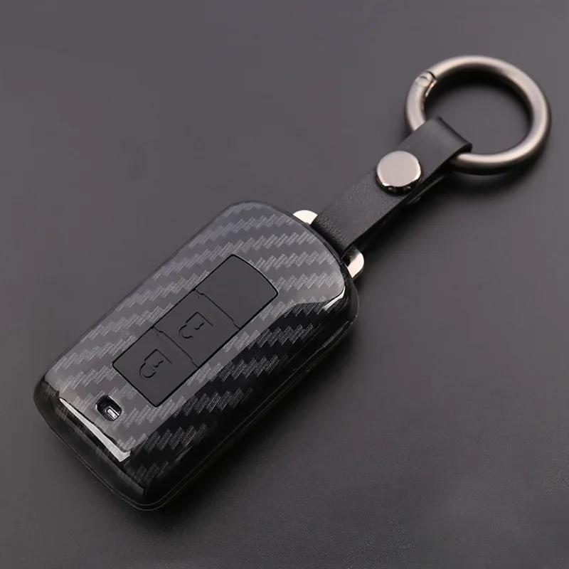 

ABS Carbon Fiber Shell+Silicone Cover Remote Key Holder Fob Case&KeyChain For Mitsubishi Series